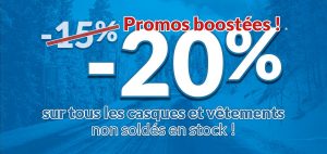 -20% sur les casques et vêtements non soldés en stock