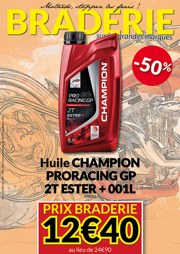 -50% Huile Champion ProRacing GP 2T Ester + 1L à 12€40 au lieu de 24€90