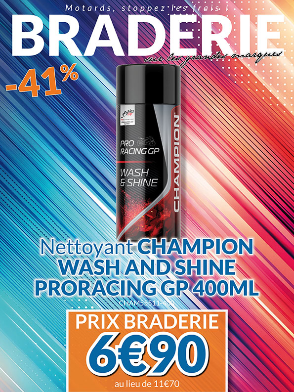 -41% Nettoyant Champion Wash and Shine ProRacing GP 400ml à 6€90 au lieu de 11€70