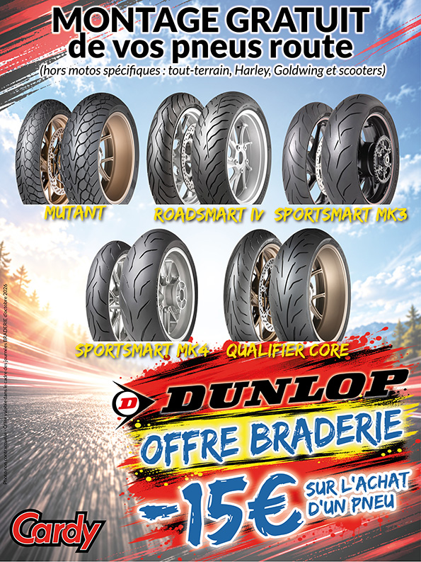 -15€ sur l'achat d'un pneu route Dunlop et montage gratuit