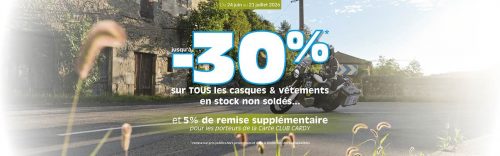 -30% sur les casques et vêtements en stock non soldés