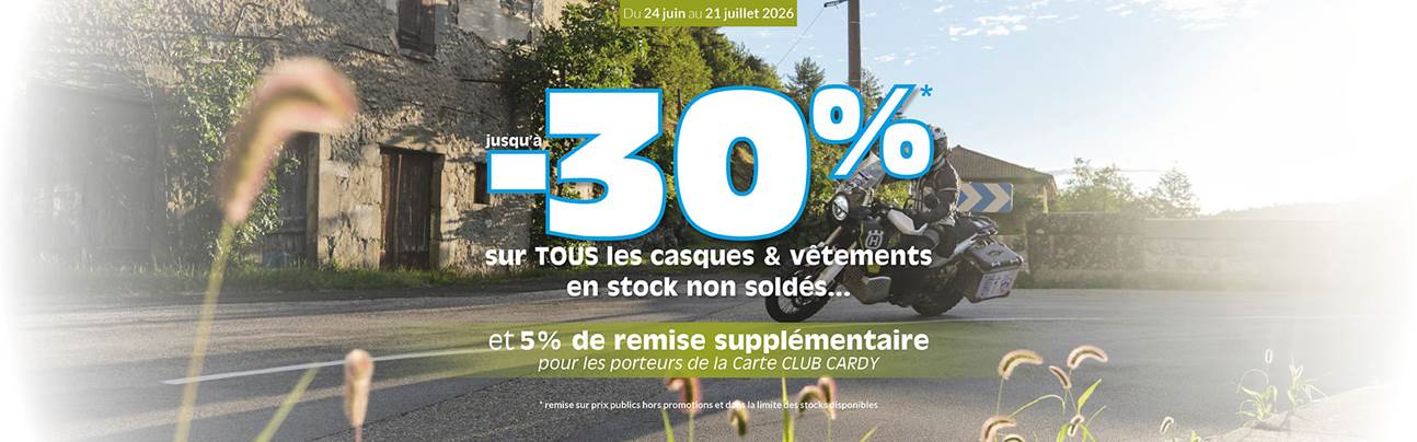 -30% sur les casques et vêtements en stock non soldés