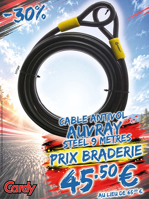 -30% Câble Antivol Auvray Steel 9 mètres à 45€50 au lieu de 65€