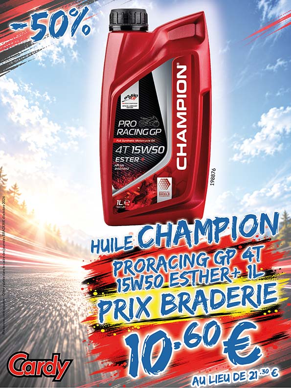 -50% Huile Champion Proracing GP 4T 15W50 Esther+ 1L à 10€60 au lieu de 21€30