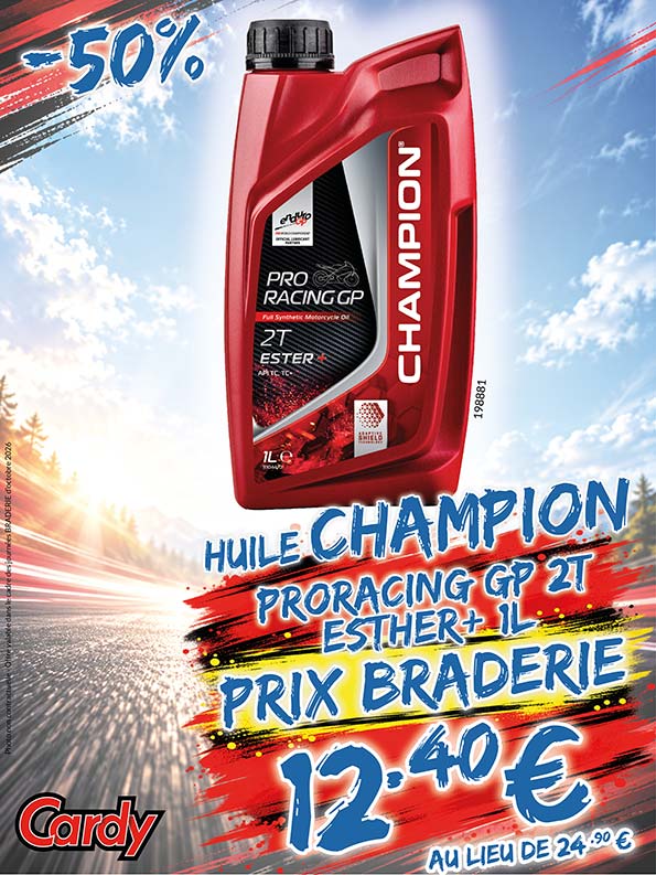 -50% Huile Champion Proracing GP 2T Esther+ 1L à 12€40 au lieu de 24€90
