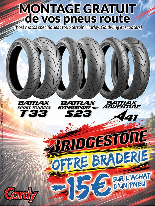 -15€ sur l'achat d'un pneu route Bridgestone et montage gratuit
