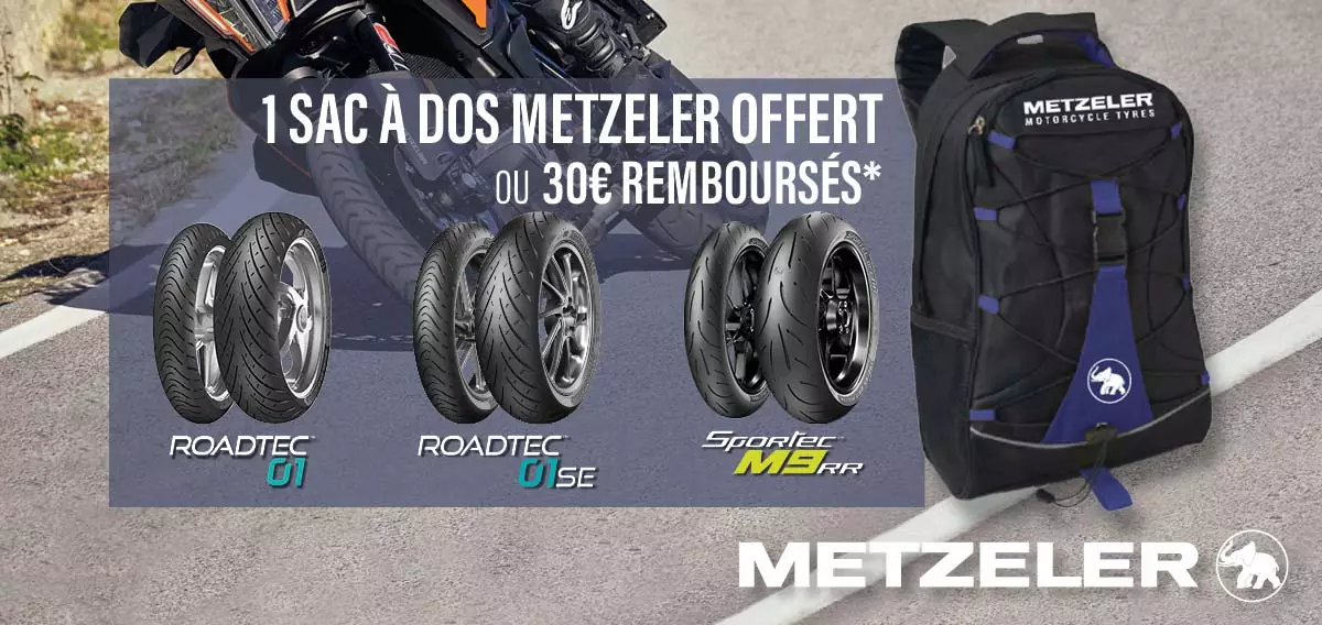 1 sac à dos Metzeler offert ou 30€ remboursés pour l'achat et la pose d'un train de pneus Metzeler
