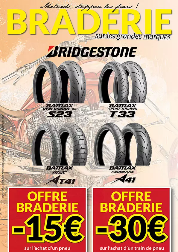 Bridgestone, -15€ par pneu sur les S23, T33, AT41, A41