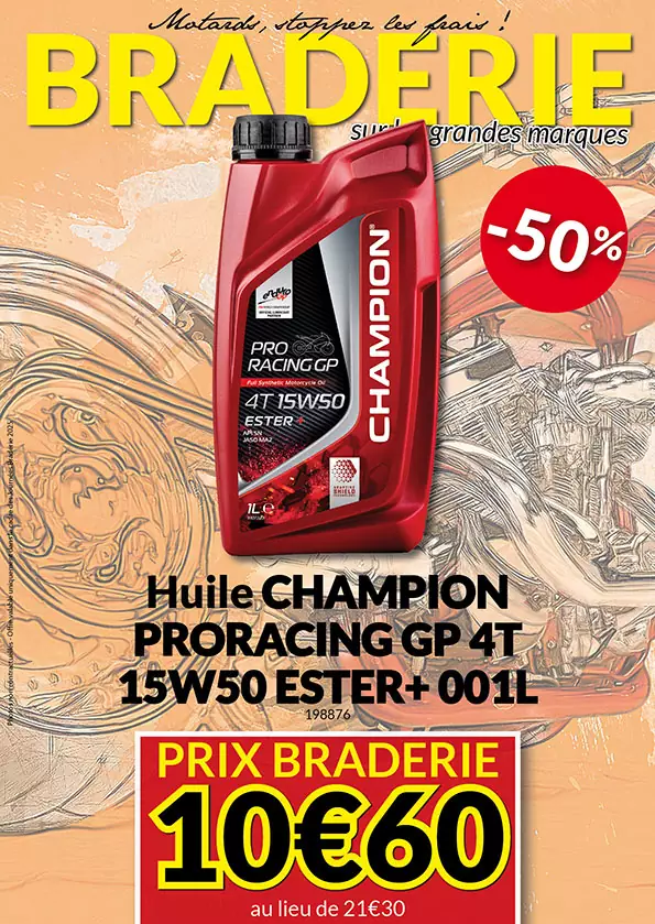 -50% Huile Champion ProRacing GP 4T 15W50 Ester+ 1L à 10€60 au lieu de 21€30