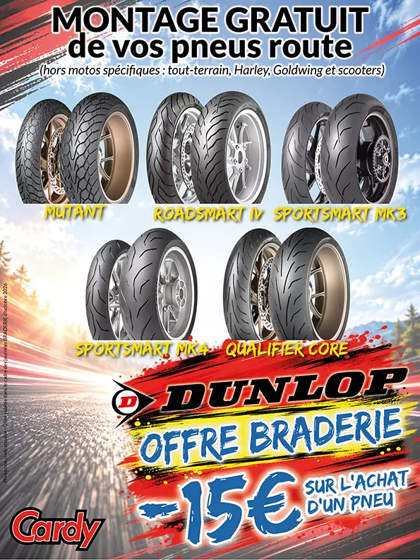 -15€ sur l'achat d'un pneu route Dunlop et montage gratuit