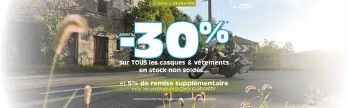 -30% sur les casques et vêtements en stock non soldés