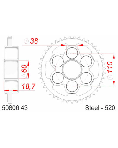 Couronne Moto AFAM Couronne AFAM 43 dents acier standard pas 520 type 50806