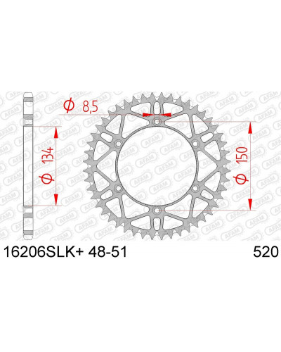 Couronne Moto AFAM Couronne AFAM 48 dents acier ultra-light pas 520 type 16206SLK